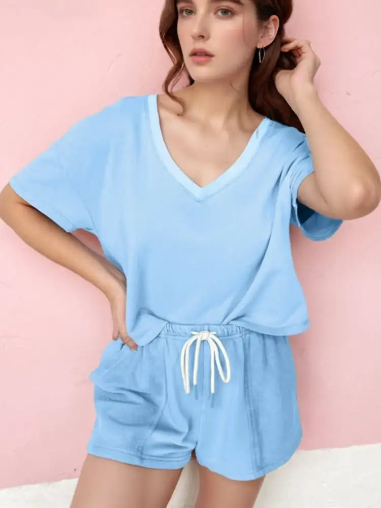 V-Neck Short Sleeve Top and Shorts Set