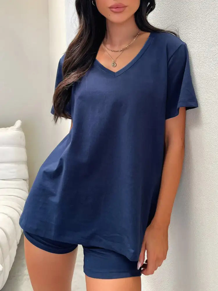 V-Neck Short Sleeve Top and Shorts Set
