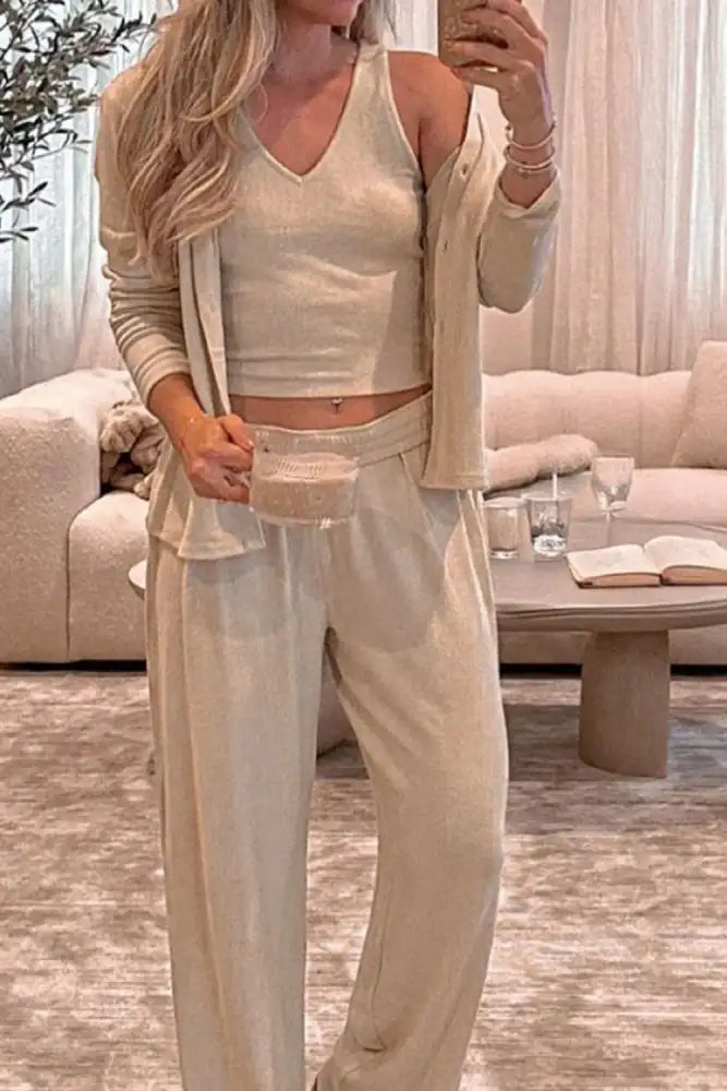 V-Neck Tank Open Front Cardigan and Pants Lounge Set
