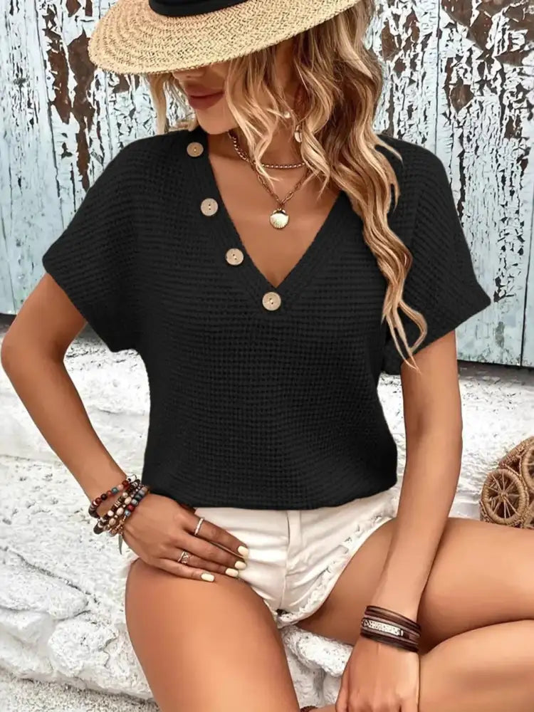 V-Neck Textured Knit T-Shirt
