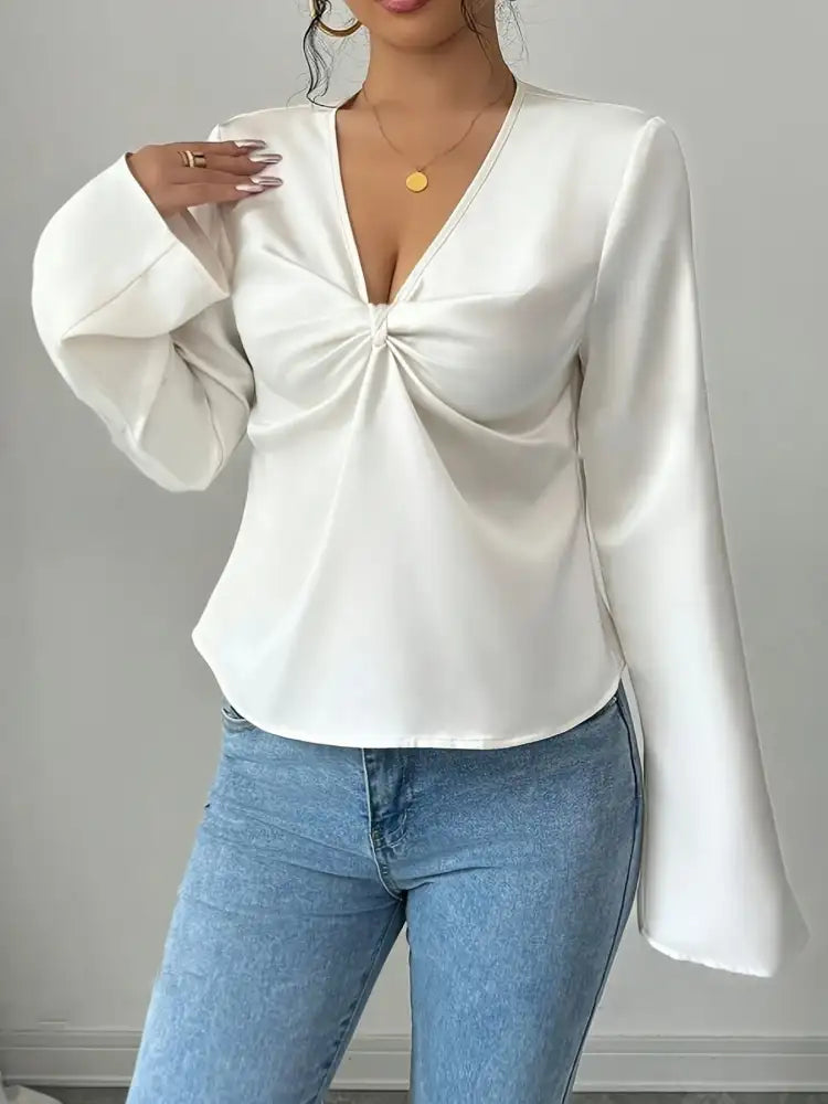 V-Neck Twist Front Long Sleeve Blouse