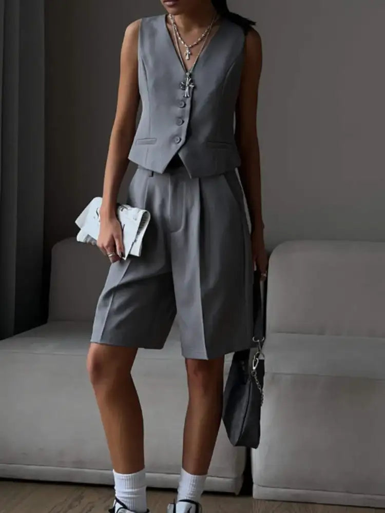 V-Neck Vest and Pants Two-Piece Blazer Set