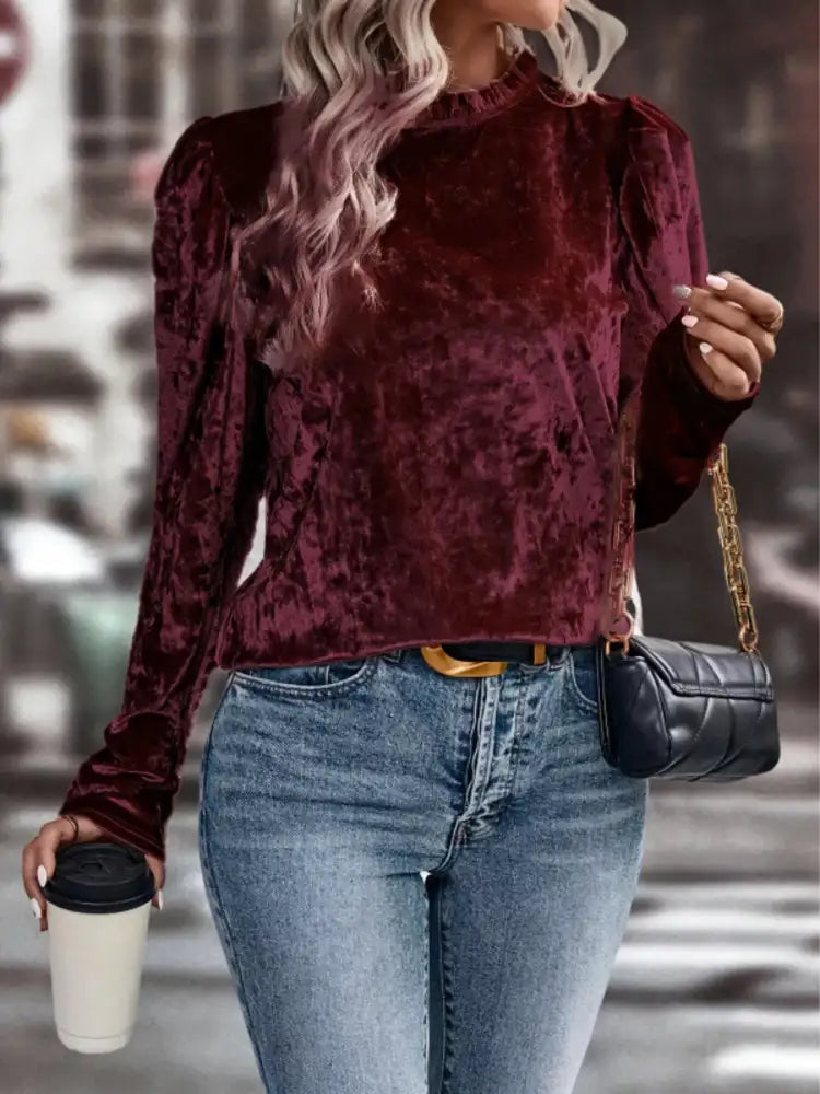 Velvet Frill Mock Neck Puff Sleeve Top