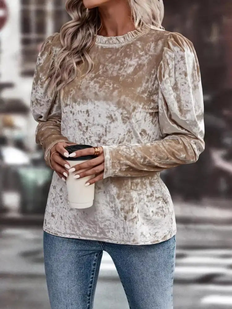 Velvet Frill Mock Neck Puff Sleeve Top