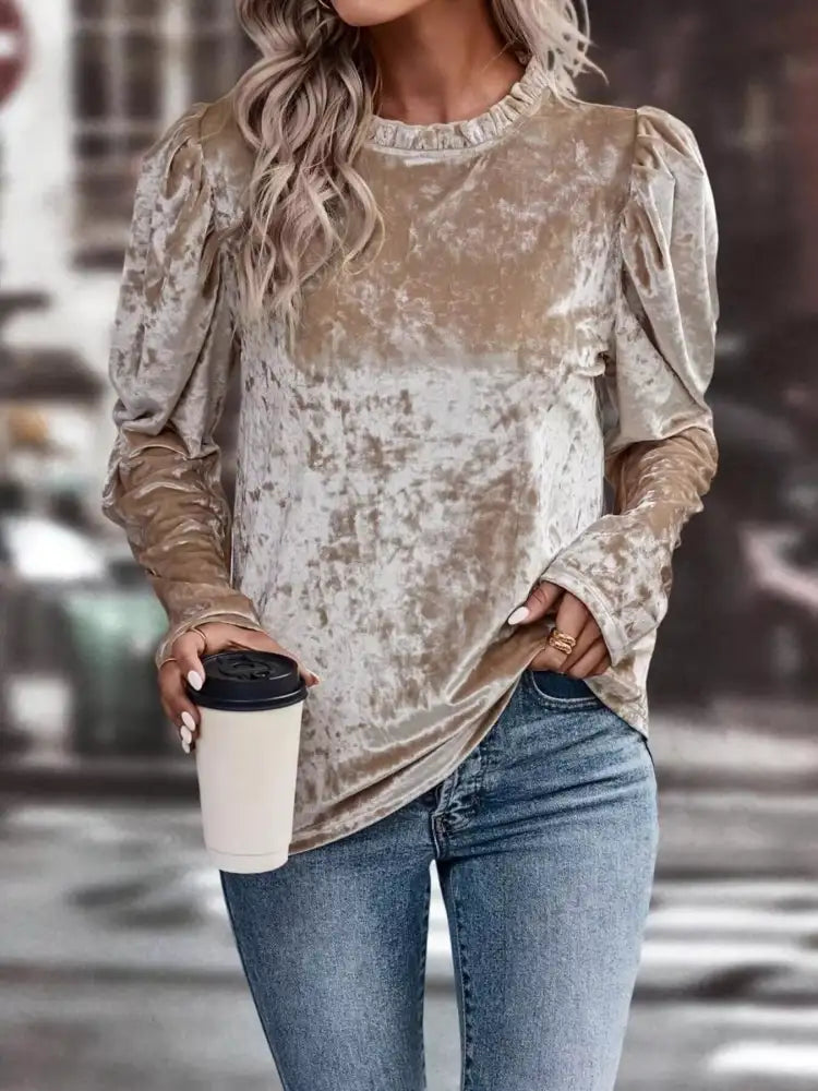 Velvet Frill Mock Neck Puff Sleeve Top