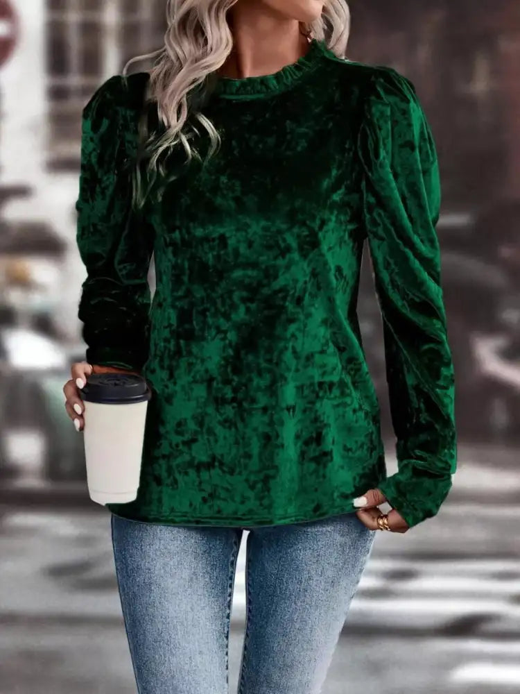 Velvet Frill Mock Neck Puff Sleeve Top
