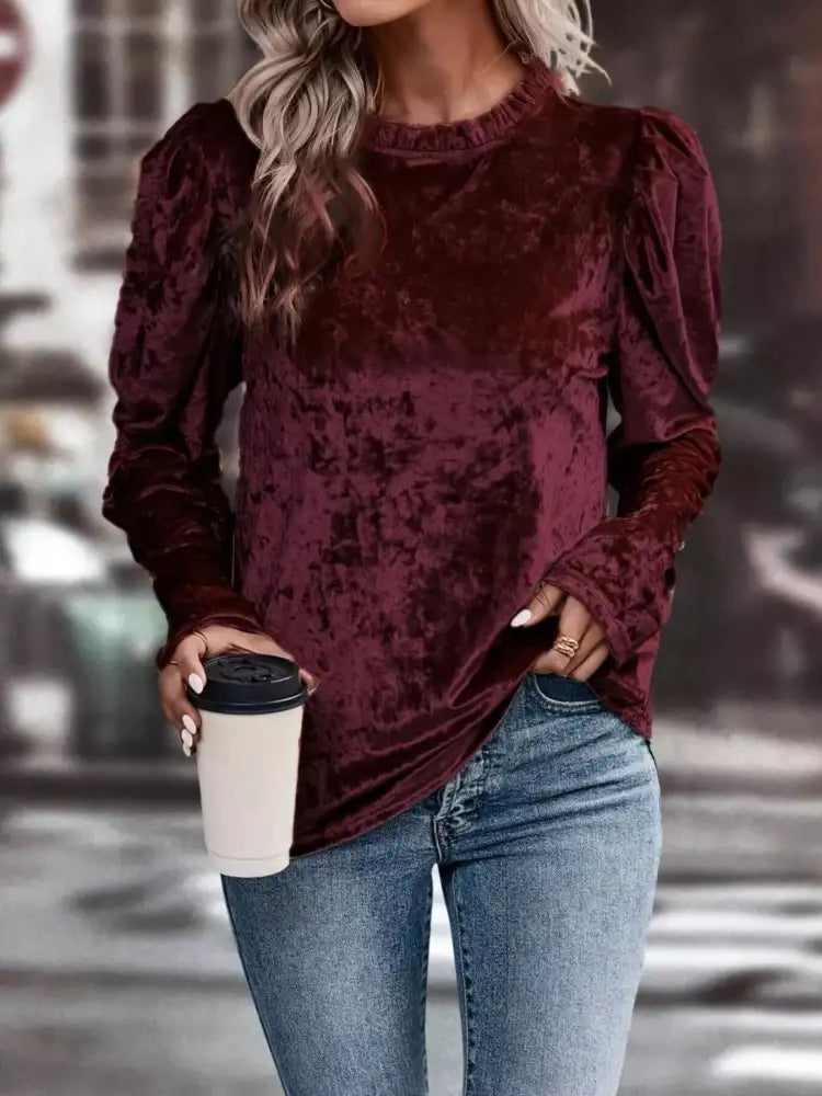 Velvet Frill Mock Neck Puff Sleeve Top