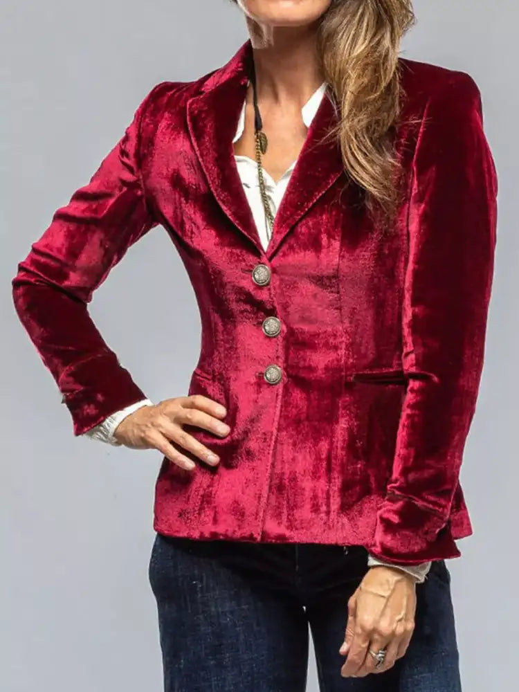 Velvet Lapel Collar Button Up Blazer