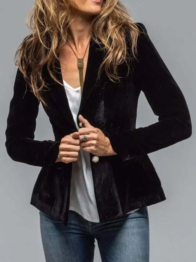 Velvet Lapel Collar Button Up Blazer
