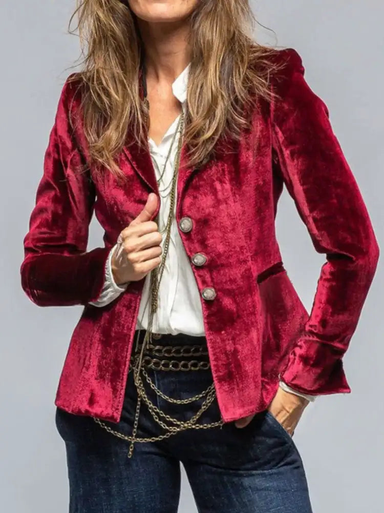 Velvet Lapel Collar Button Up Blazer