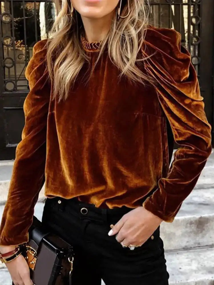 Velvet Mock Neck Long Sleeve Blouse