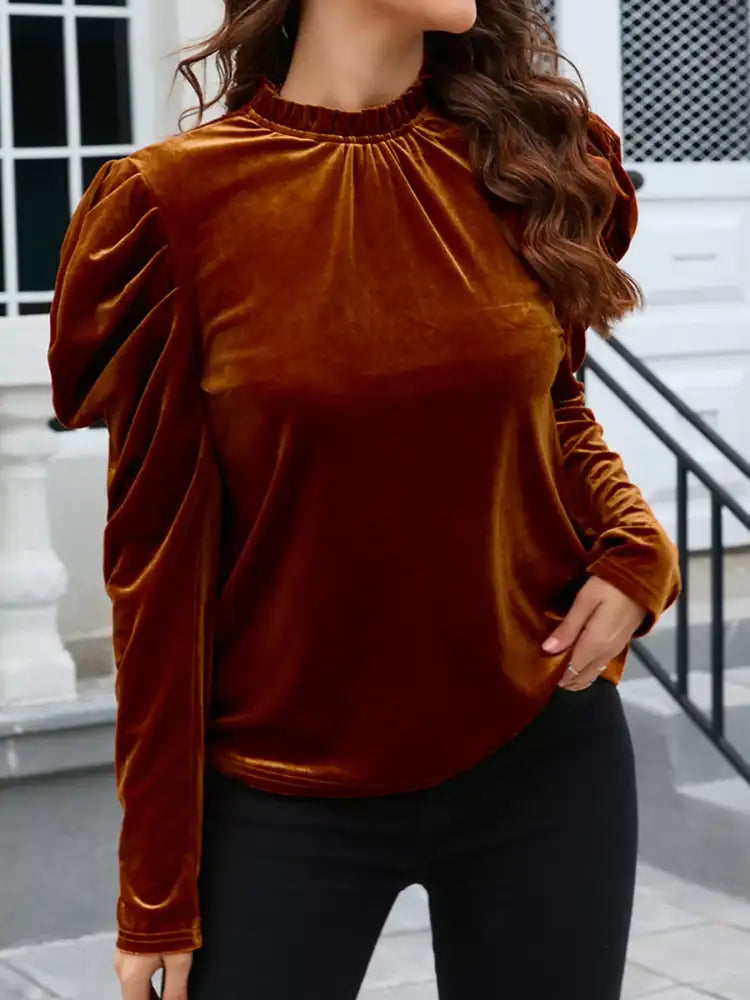 Velvet Mock Neck Long Sleeve Blouse
