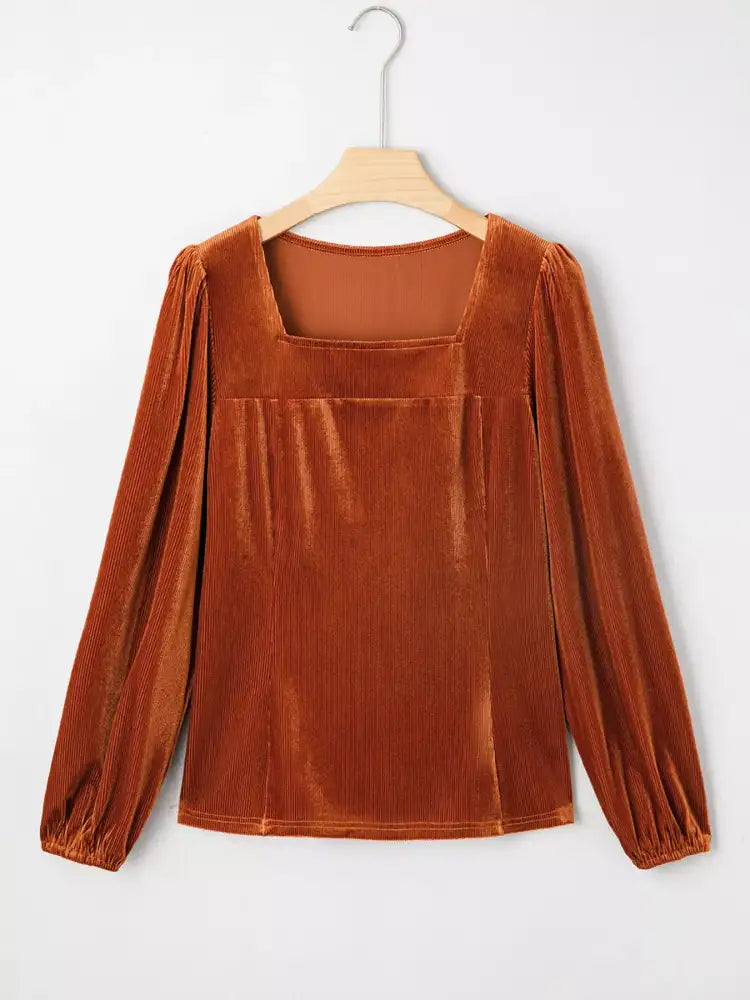 Velvet Ribbed Texture Square Neck Slim Puff Sleeve Top