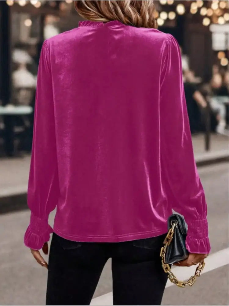 Velvet Ruffle Trim Blouse