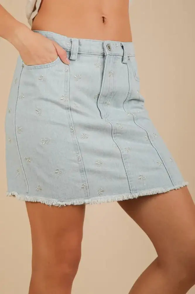 VERY J Bow Printed Casual Denim Mini Skirt