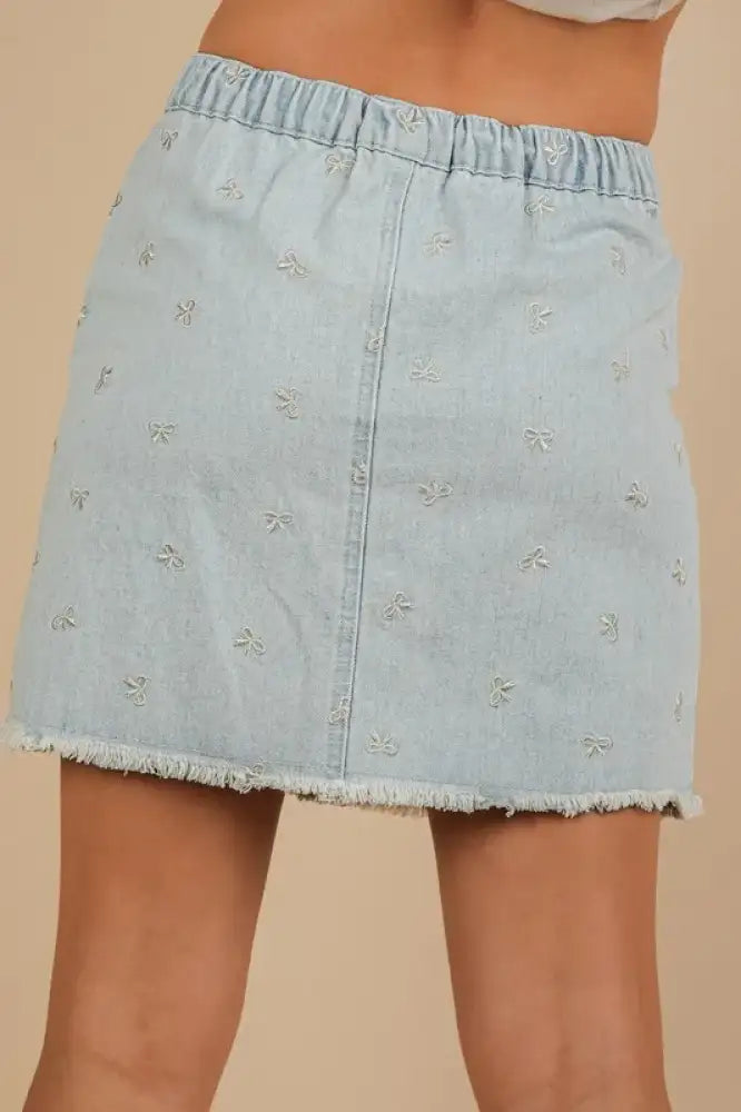 VERY J Bow Printed Casual Denim Mini Skirt