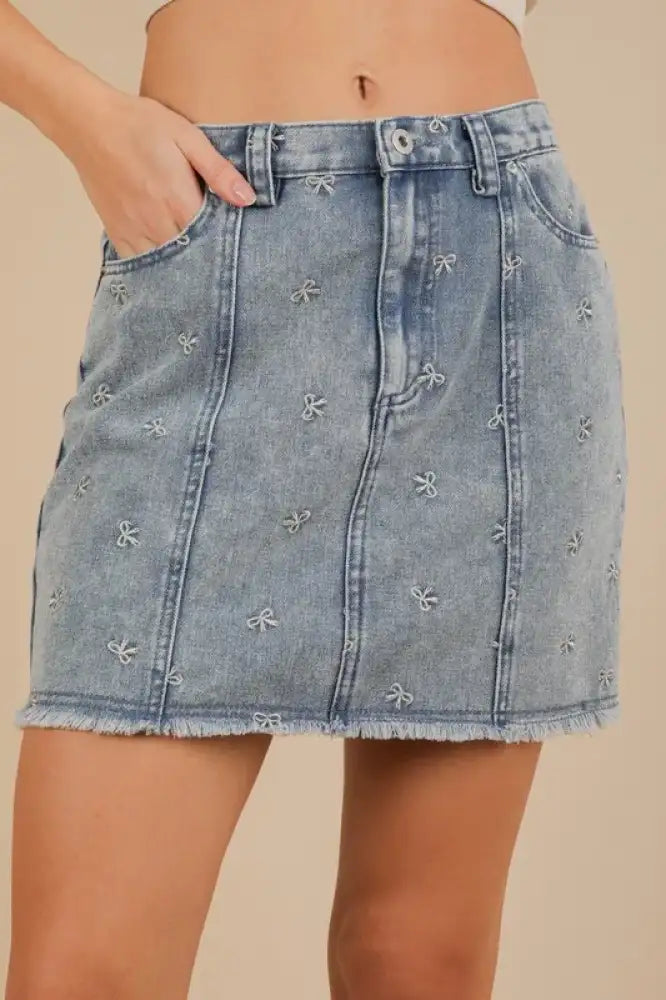 VERY J Bow Printed Casual Denim Mini Skirt