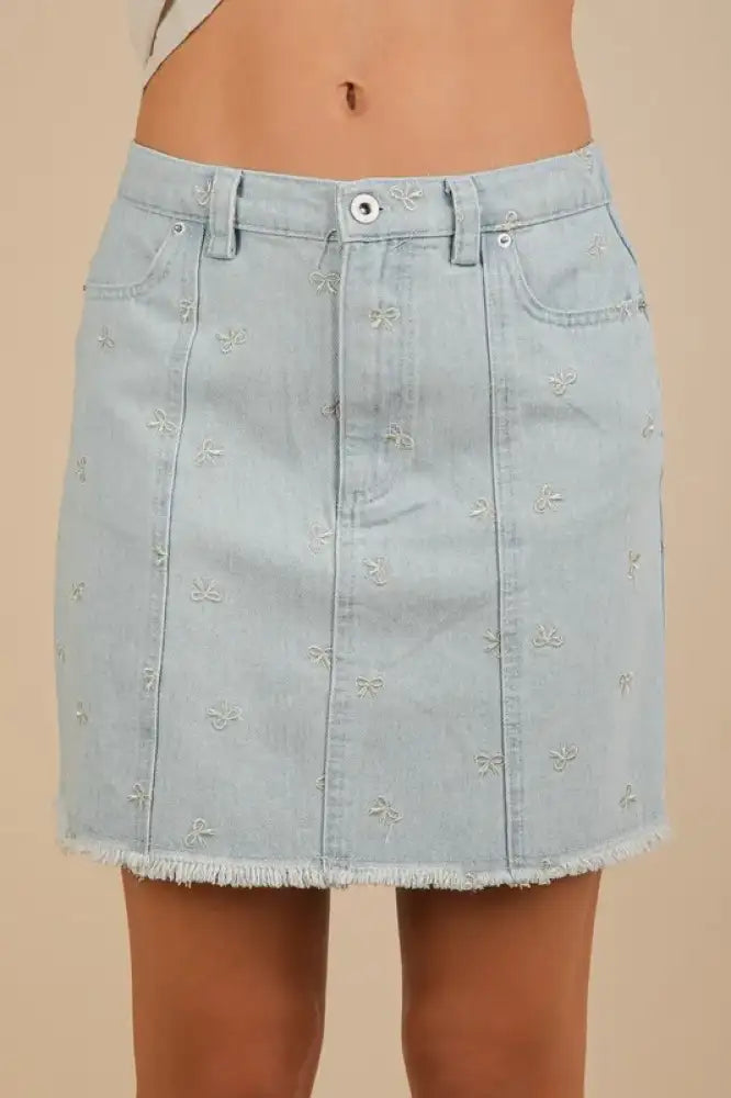 VERY J Bow Printed Casual Denim Mini Skirt