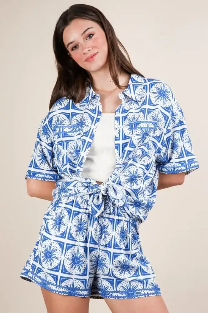 VERY J Full Size Tropical Printed Shirt Top and Shorts Set Plus