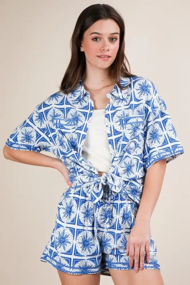 VERY J Full Size Tropical Printed Shirt Top and Shorts Set Plus