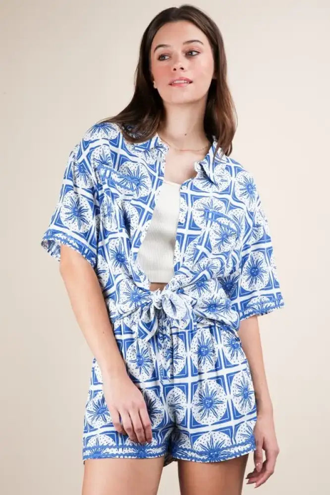 VERY J Full Size Tropical Printed Shirt Top and Shorts Set Plus