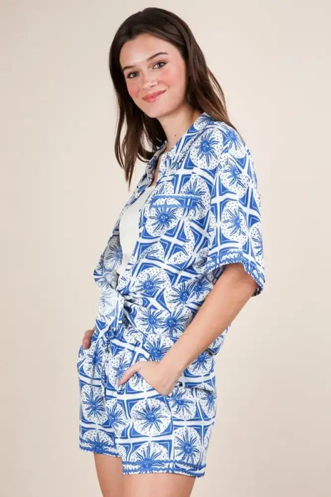 VERY J Full Size Tropical Printed Shirt Top and Shorts Set Plus