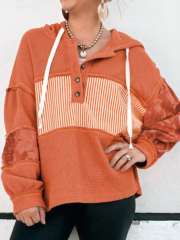 Waffle Knit Color Block Striped Drawstring Hoodie