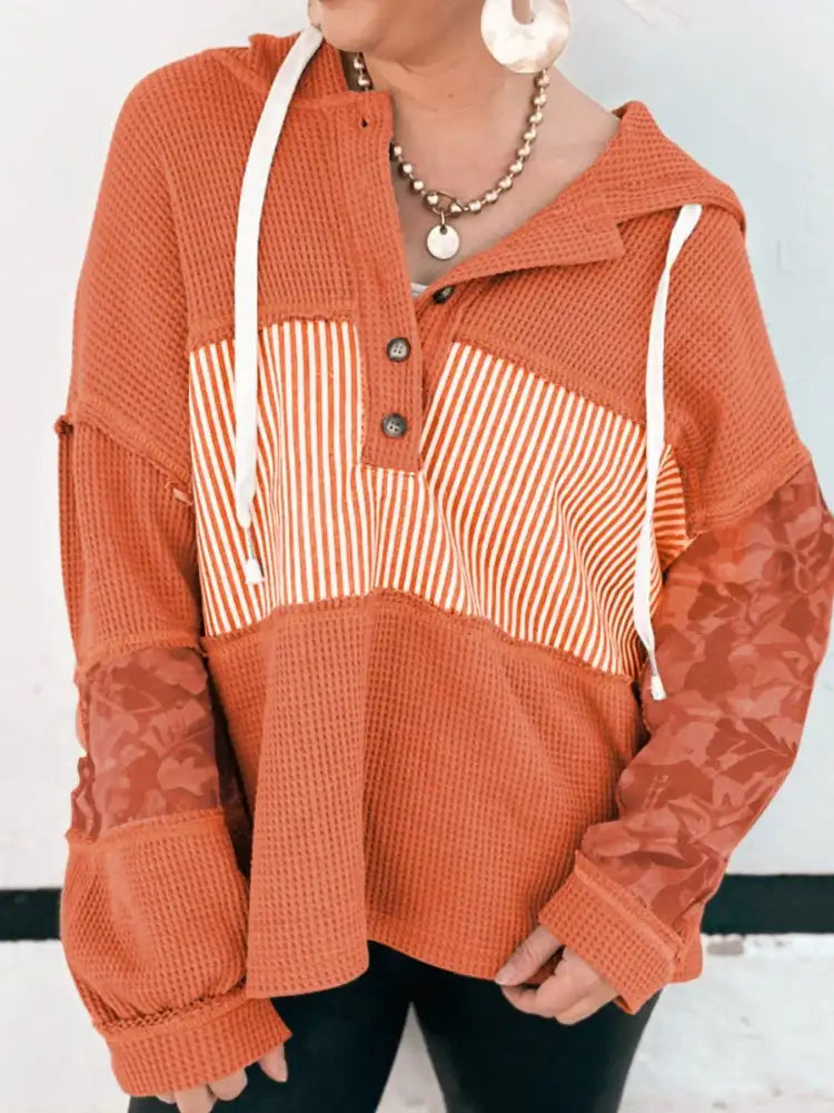 Waffle Knit Color Block Striped Drawstring Hoodie