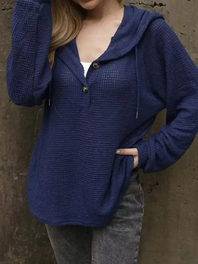 Waffle Knit Hoodie with Button Detail