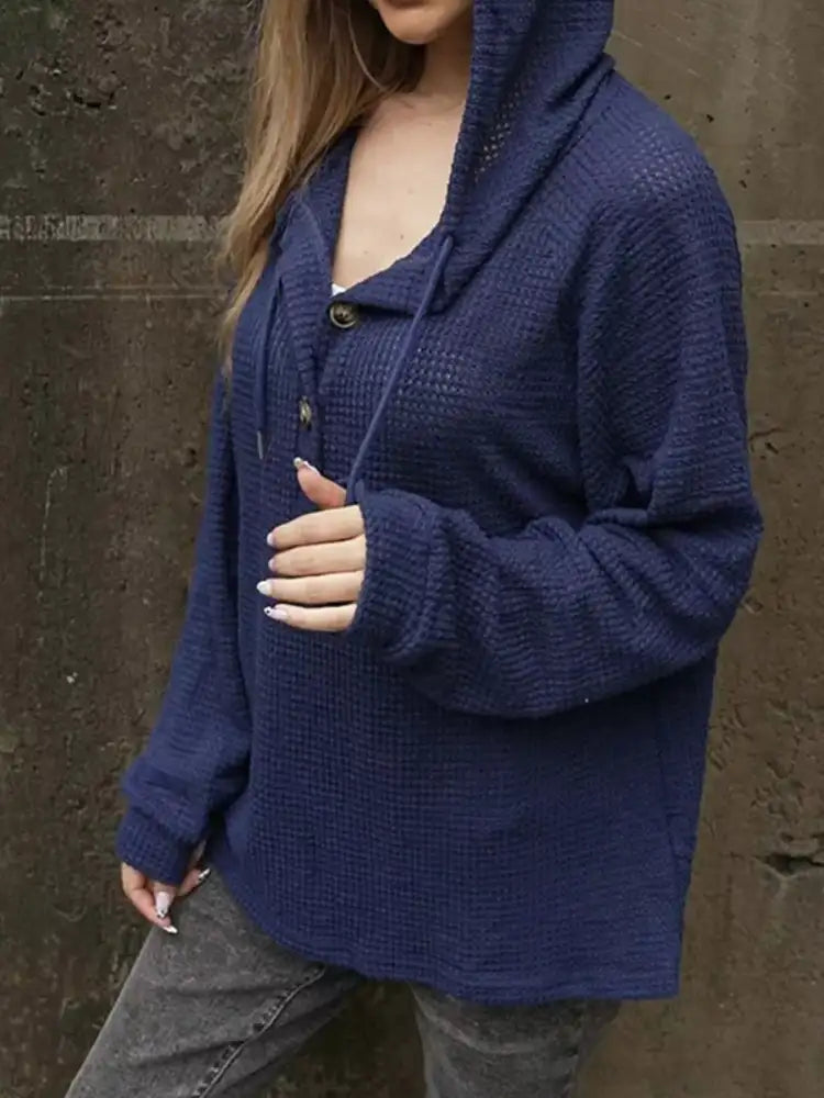 Waffle Knit Hoodie with Button Detail