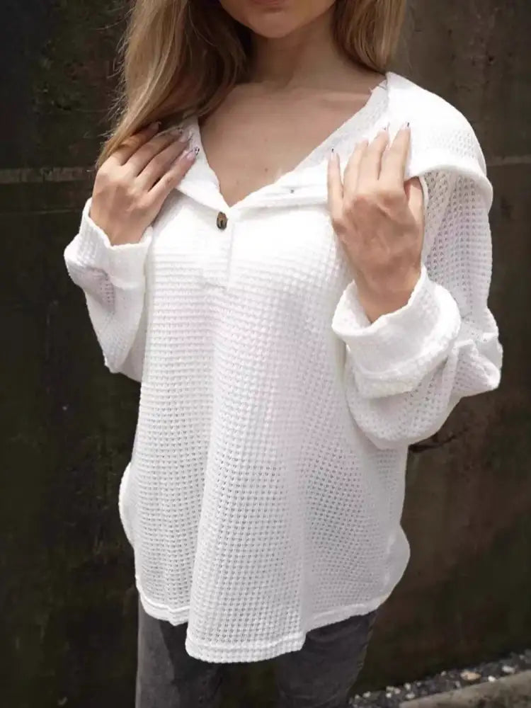 Waffle Knit Hoodie with Button Detail