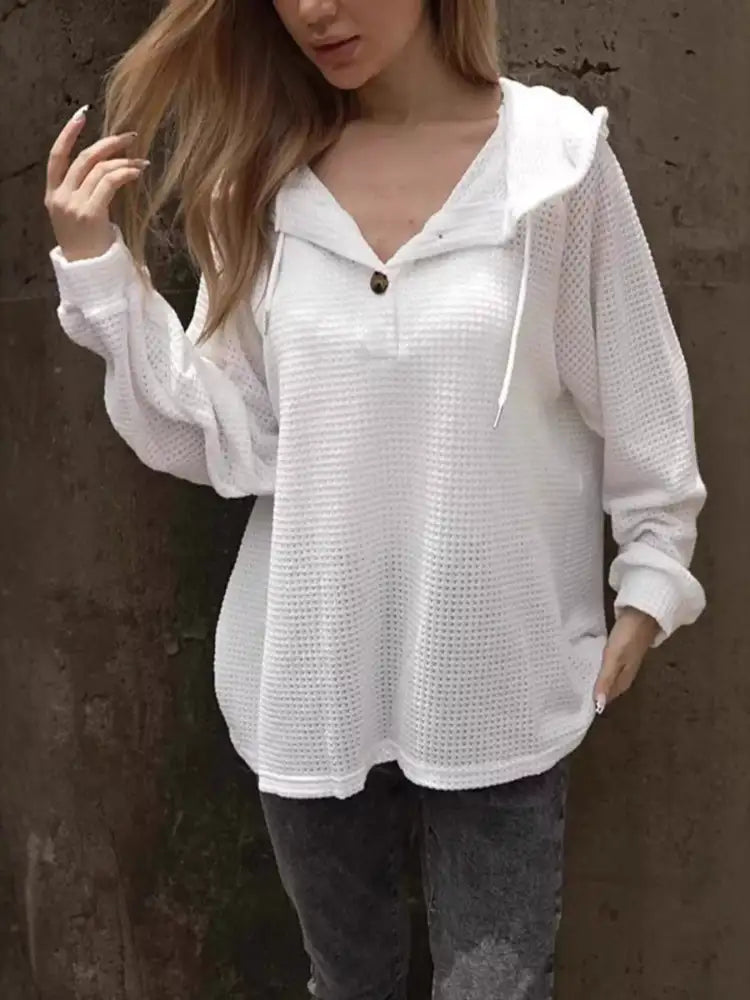 Waffle Knit Hoodie with Button Detail