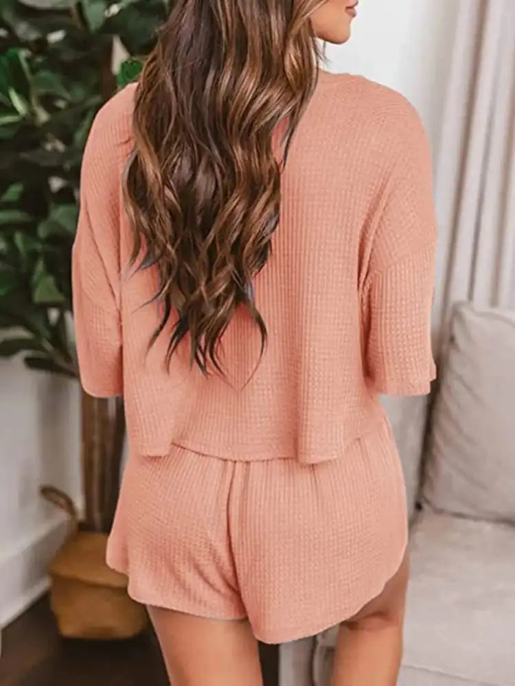 Waffle Knit Top and Shorts Lounge Set