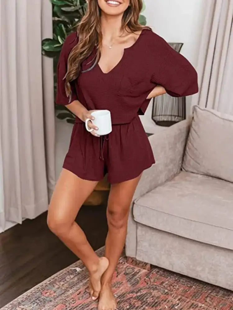 Waffle Knit Top and Shorts Lounge Set