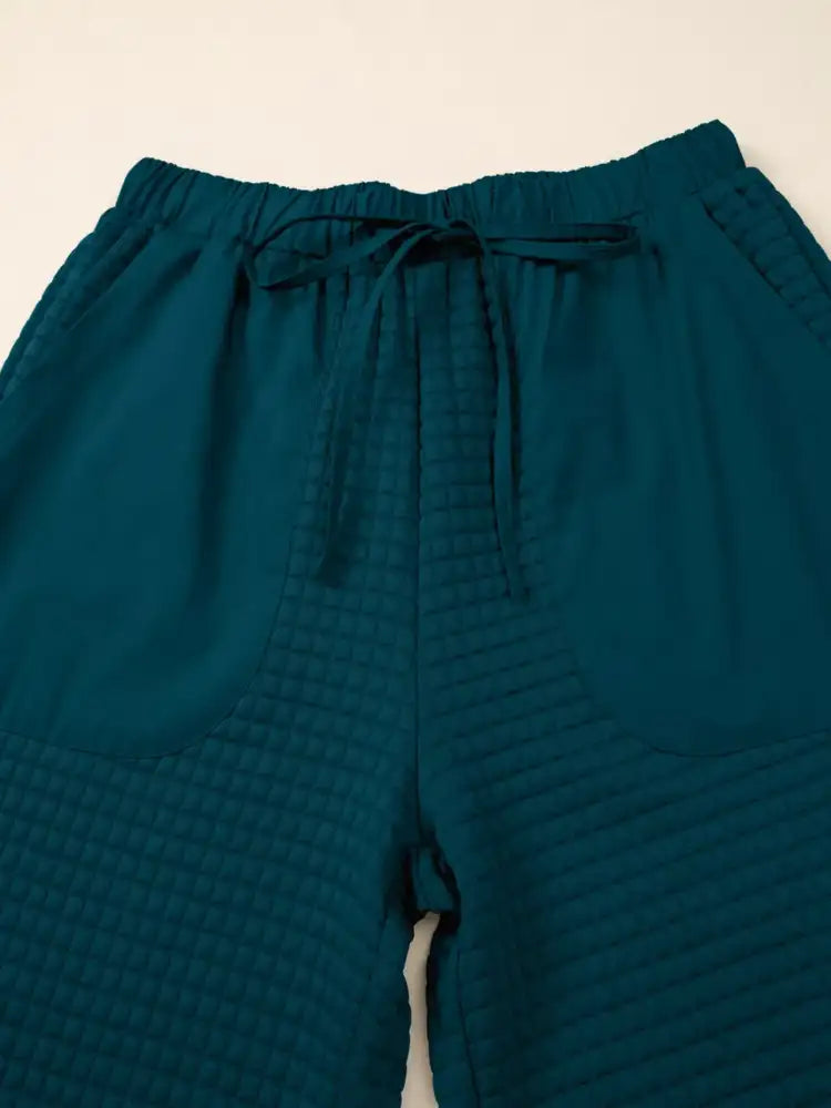 Waffled Textured Raw Edge Patchwork Top and Pants 2pcs Set