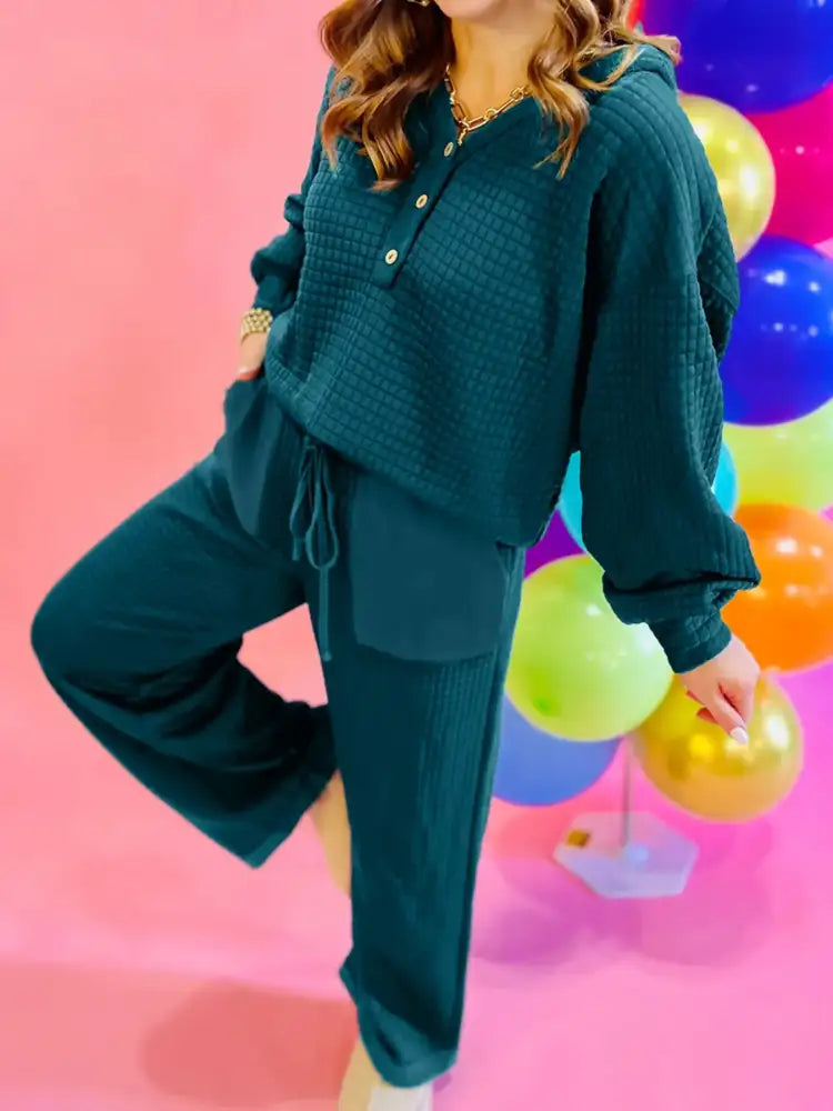 Waffled Textured Raw Edge Patchwork Top and Pants 2pcs Set