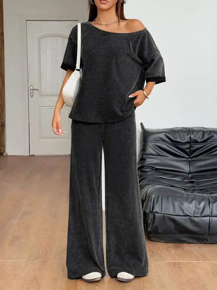 Washed Boat Neck T-Shirt and Pants Set