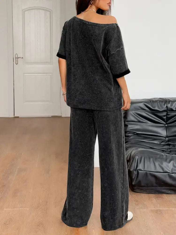 Washed Boat Neck T-Shirt and Pants Set