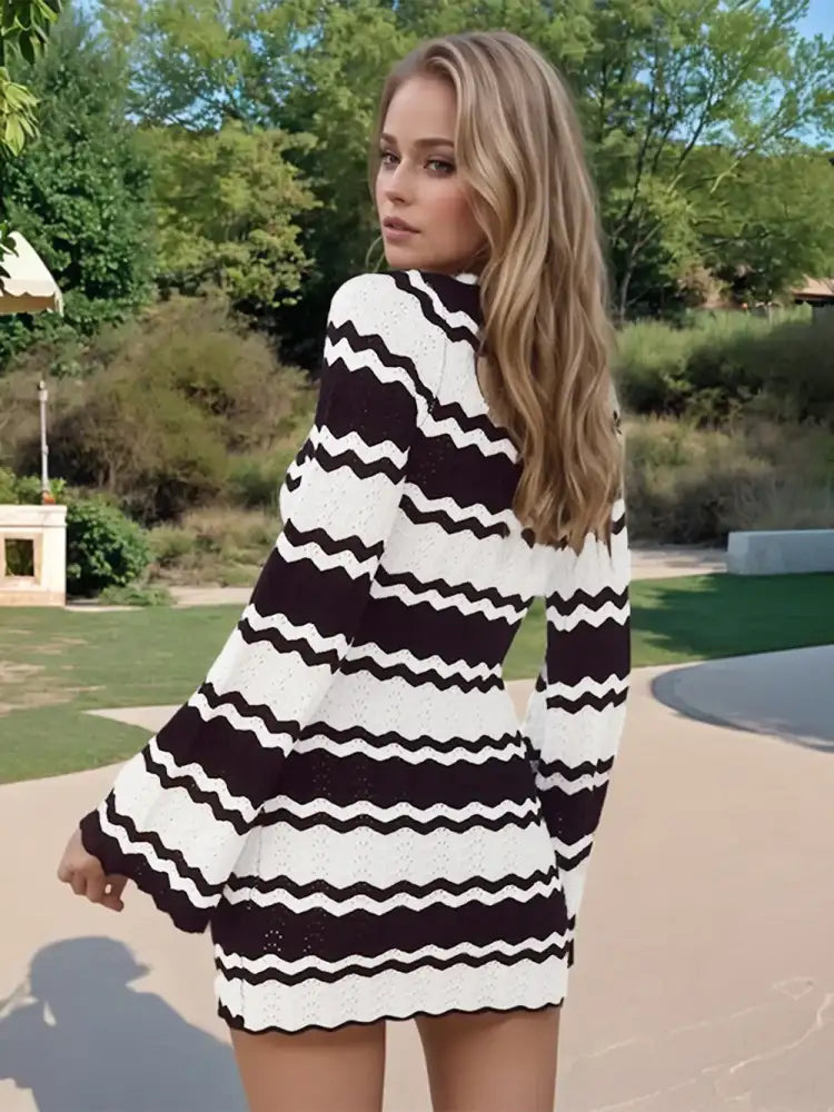 Wavy Striped Tied Front Long Sleeve Cover-Up Dress