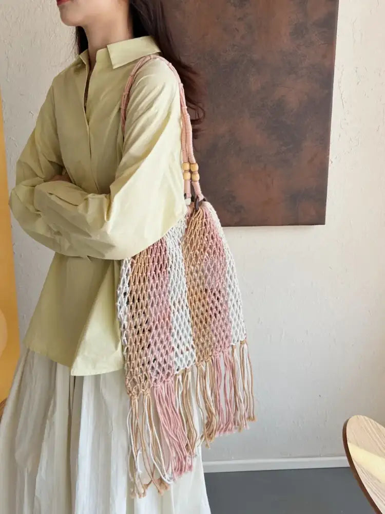 Woven Fringe Shoulder Bag with Wooden Handle