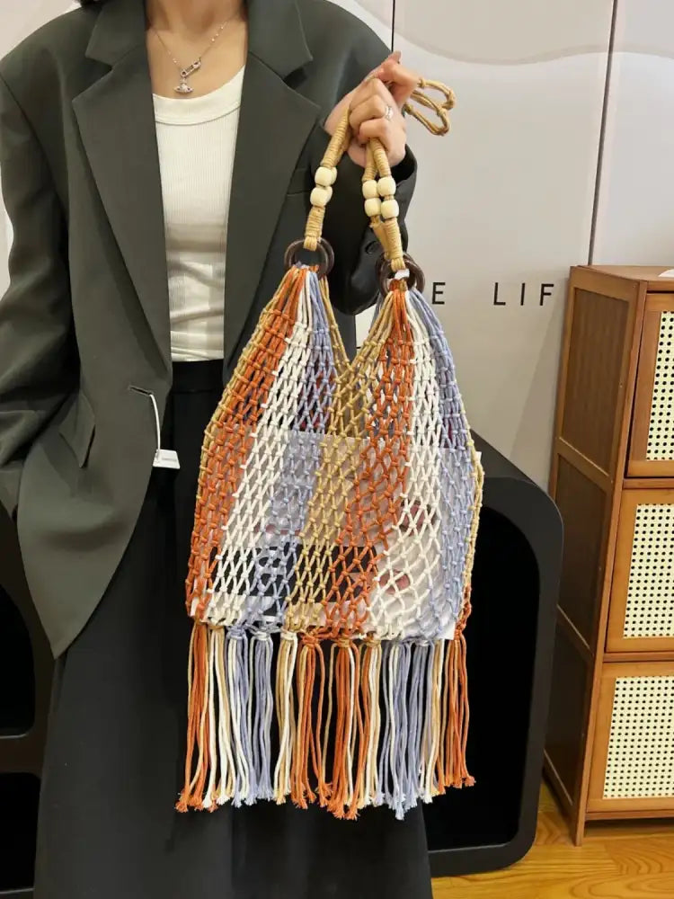 Woven Fringe Shoulder Bag with Wooden Handle