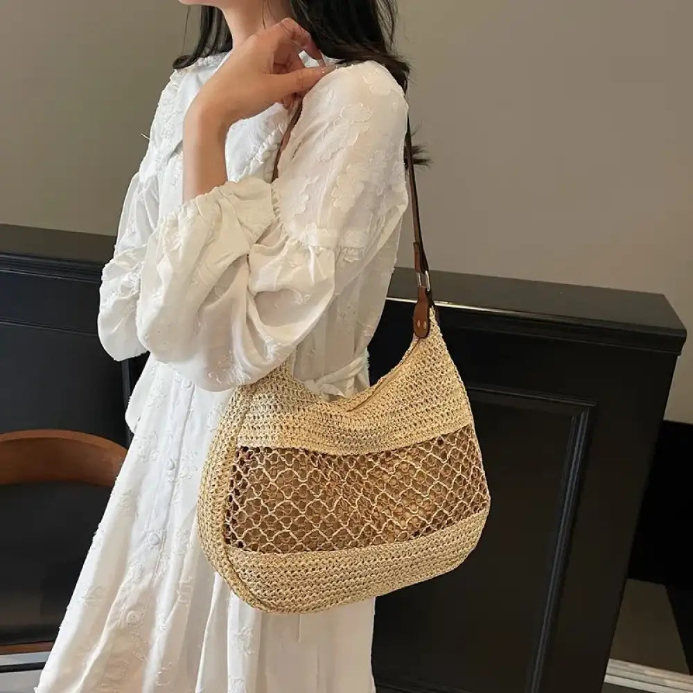 Woven Straw Crescent Shoulder Bag