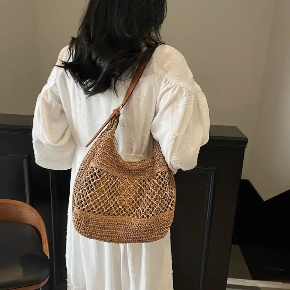 Woven Straw Crescent Shoulder Bag