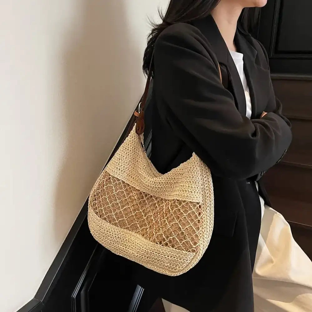 Woven Straw Crescent Shoulder Bag