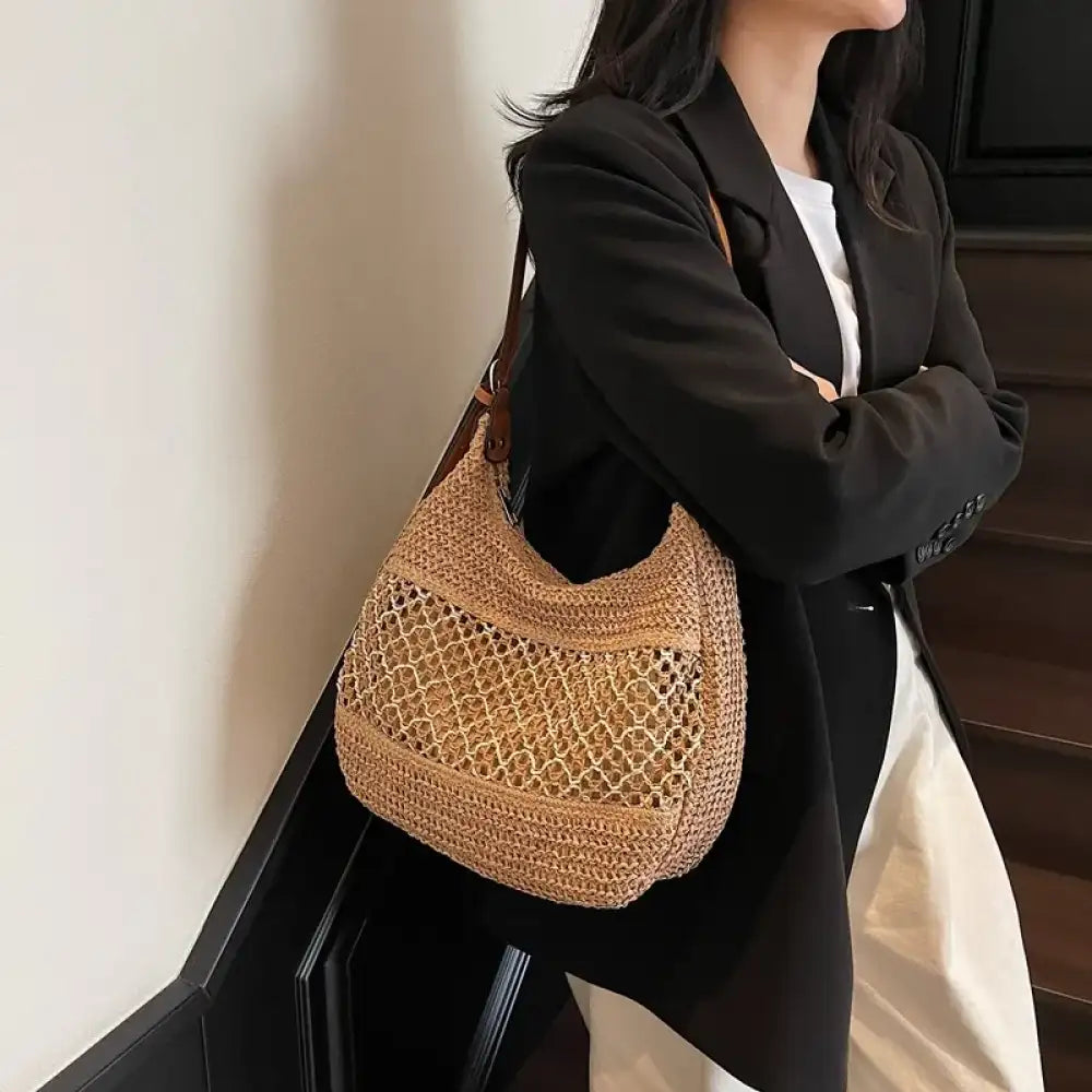 Woven Straw Crescent Shoulder Bag