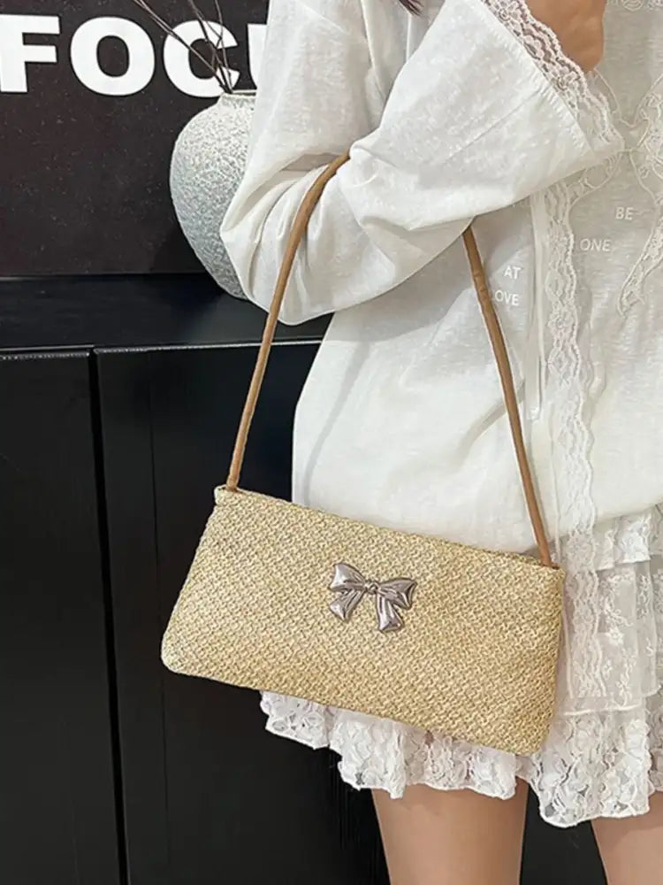 Woven Straw Shoulder Bag with Bow Detail