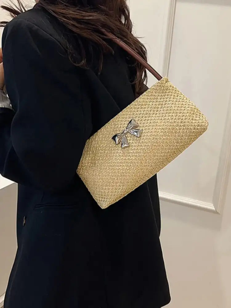 Woven Straw Shoulder Bag with Bow Detail