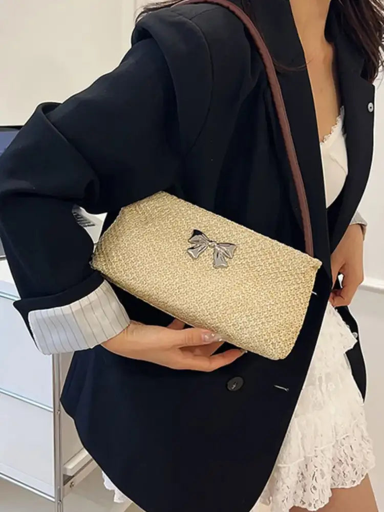Woven Straw Shoulder Bag with Bow Detail