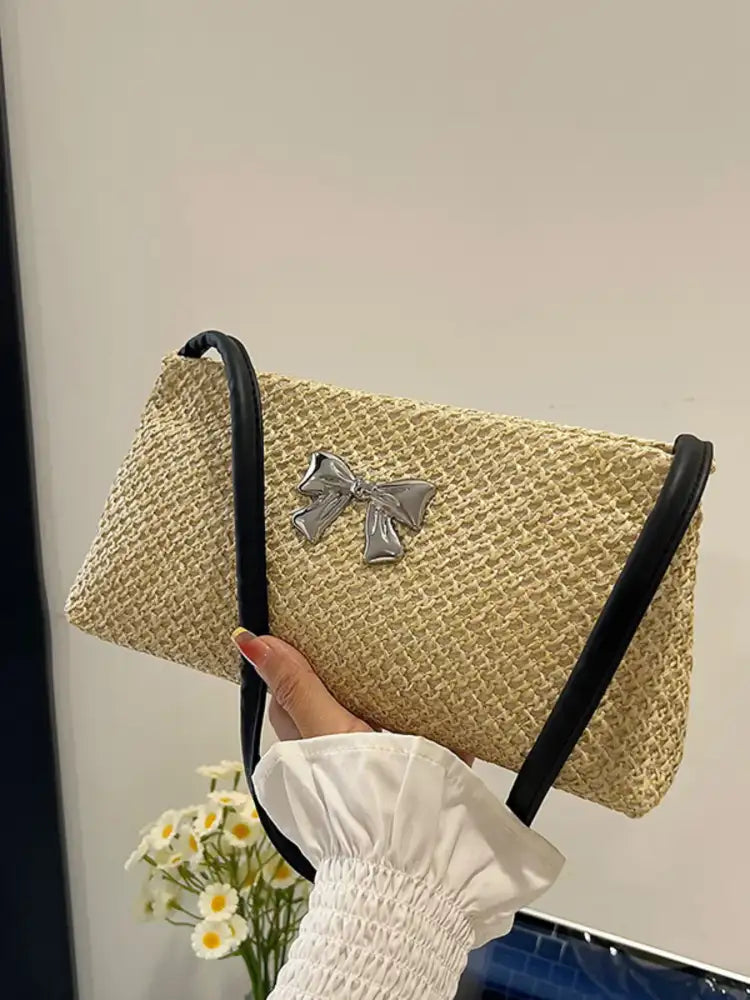 Woven Straw Shoulder Bag with Bow Detail