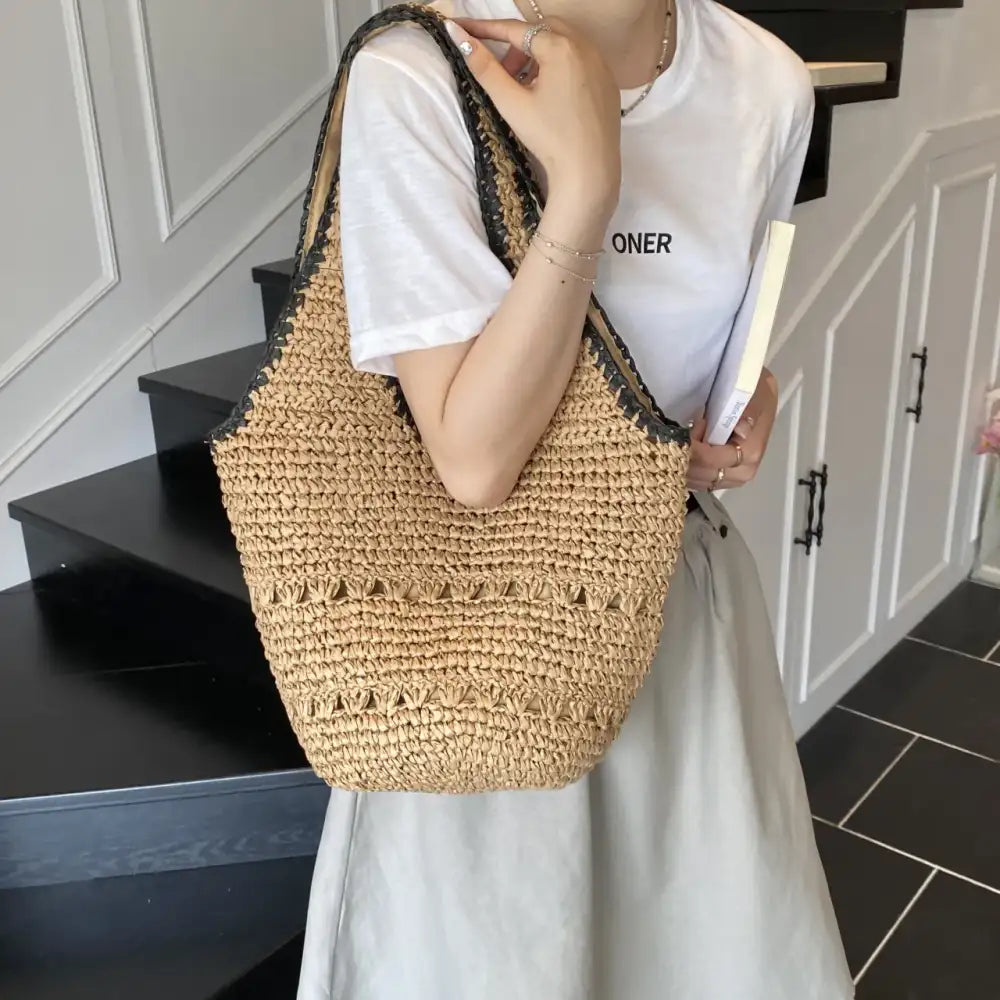 Woven Straw Shoulder Bag with Contrast Trim